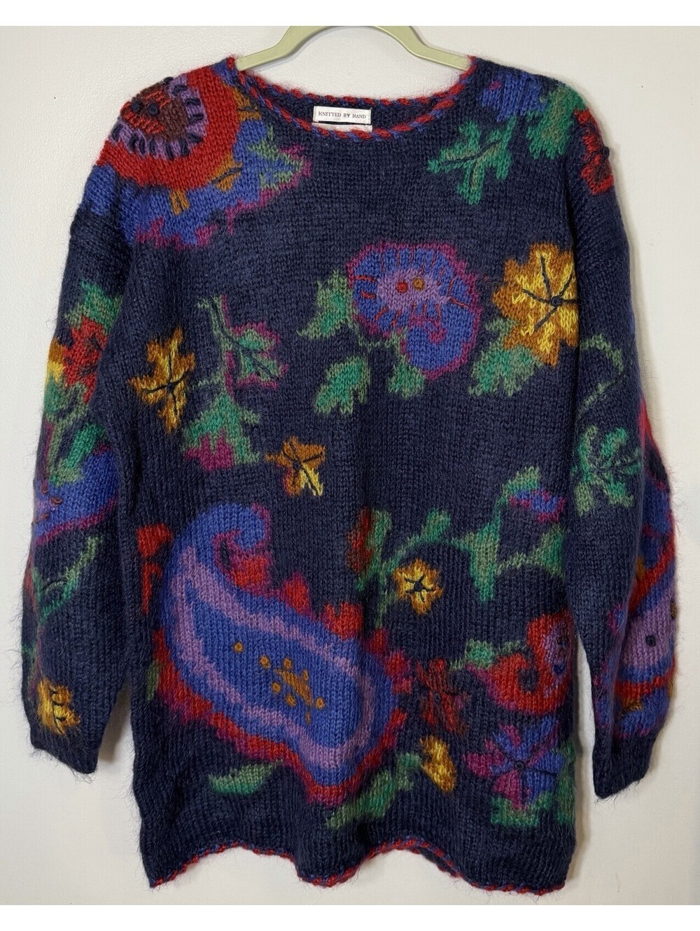 VTG Rosanna Hand Knit Mohair Blend Sweater Navy Paisley Floral 90s Chunky Large